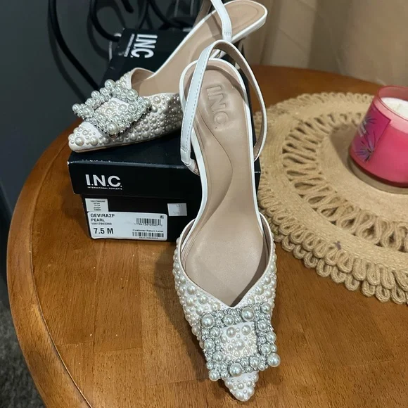 INC White Pearl Embellished Heels - Picture 1 of 4